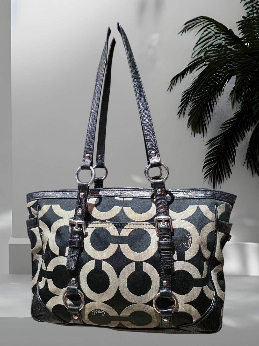 EUC RARE COACH VINTAGE Y2K GALLERY OPTIC SIGNATURE C BLACK GREY TOTE BAG PURSE